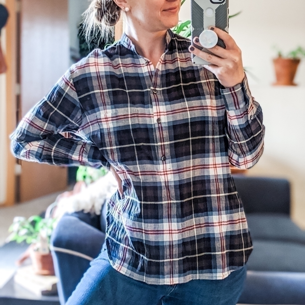 Madewell Plaid Mock Neck Half Button Tunic Top - Size XS